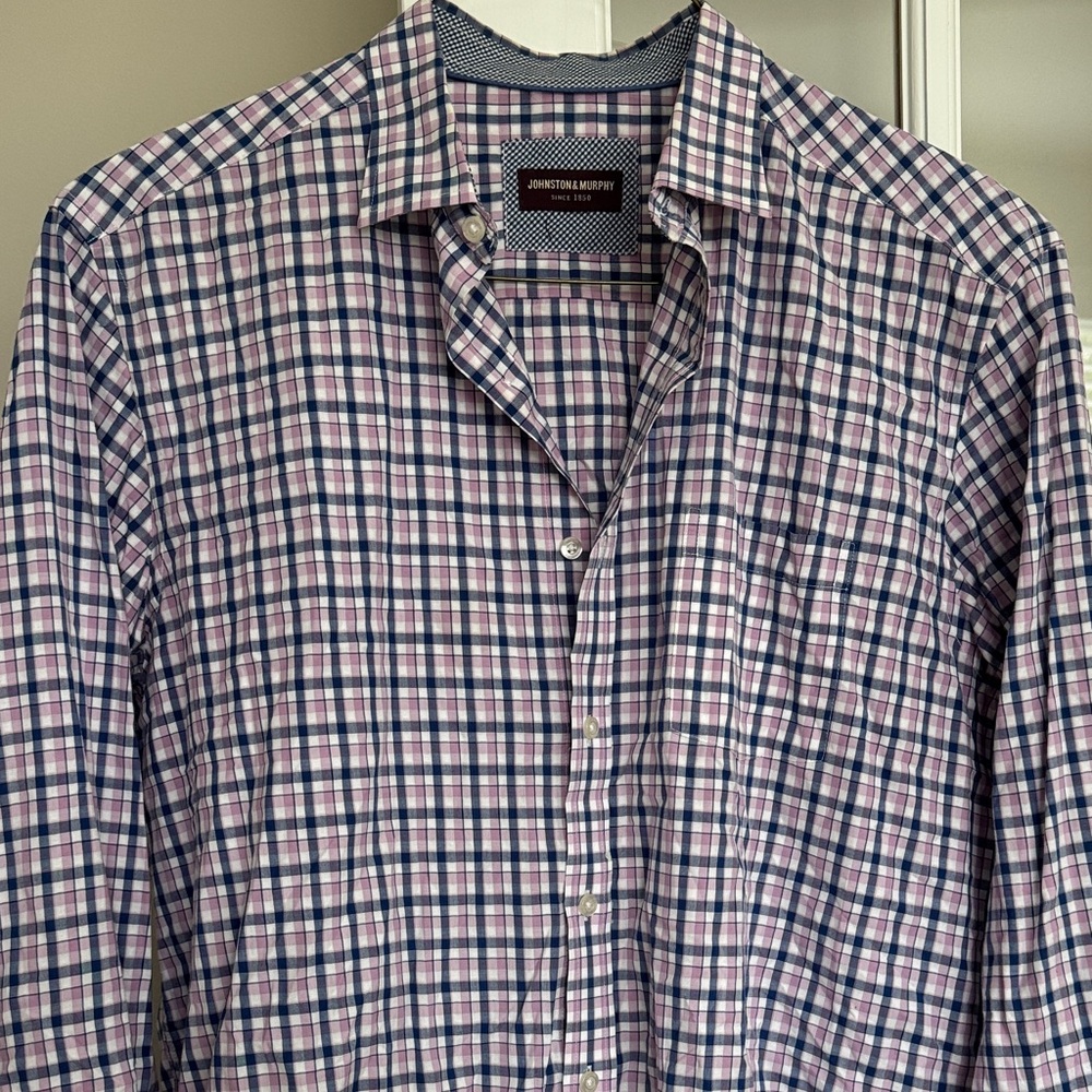 Johnston & Murphy Men's Blue and Pink Plaid Shirt